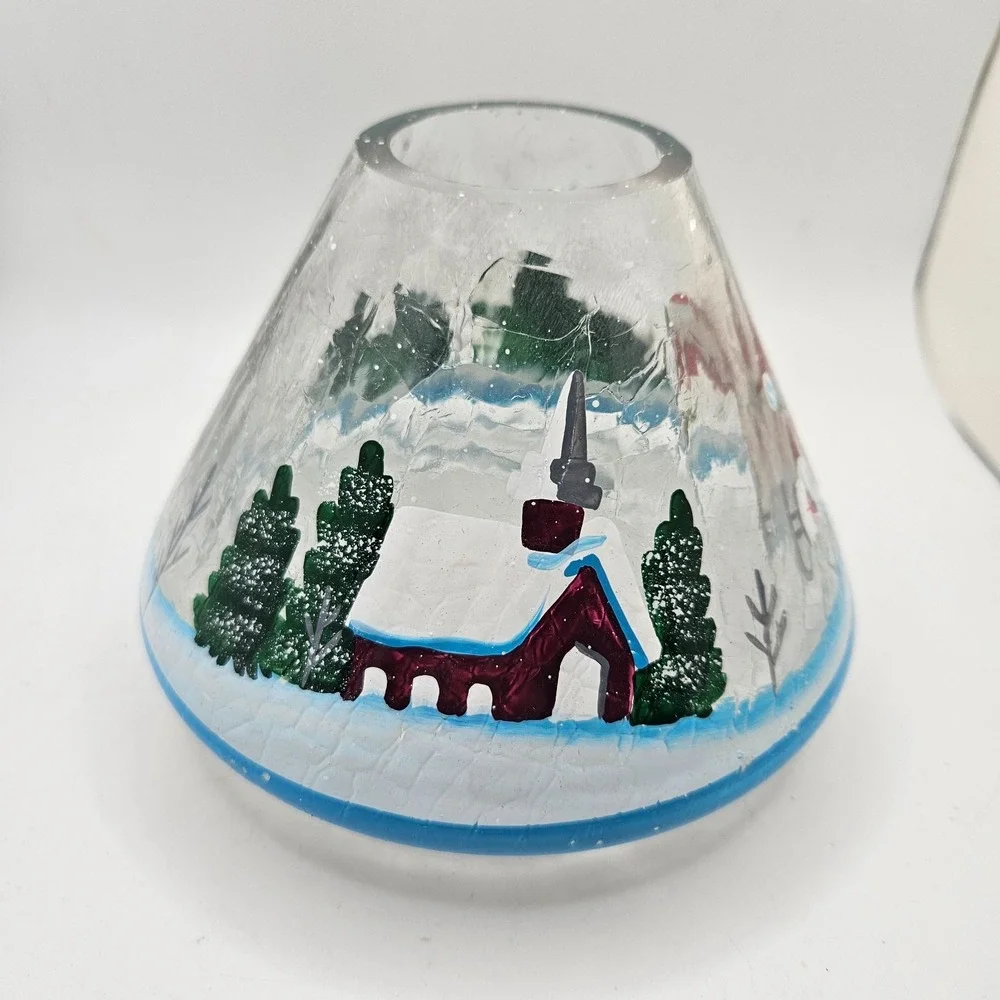 Hand Painted  Crackle Glass Candle Lamp Shade Snowman Church Winter Scene